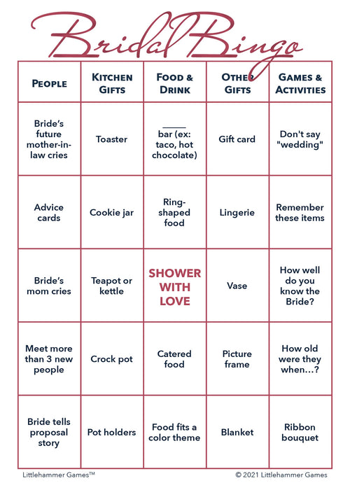 Bridal Bingo game card with rose gold text on a white background