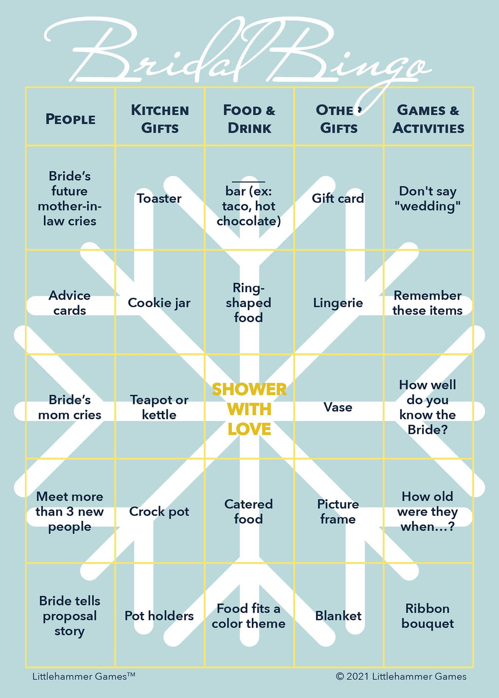 Bridal Bingo game card with a snowflake background