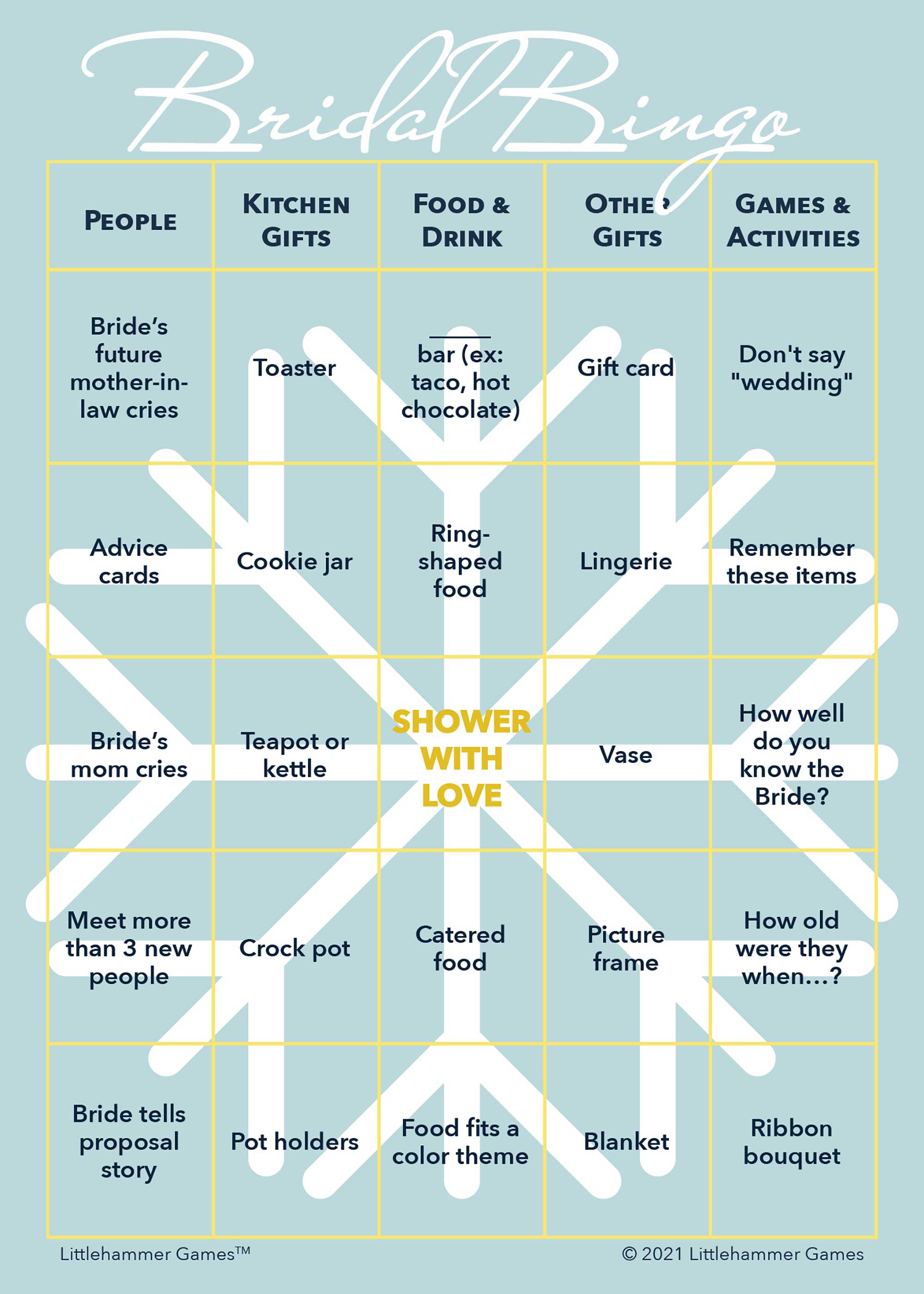 Bridal Bingo game card with a snowflake background