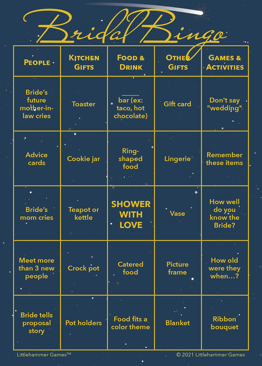 Bridal Bingo game card with a celestial background