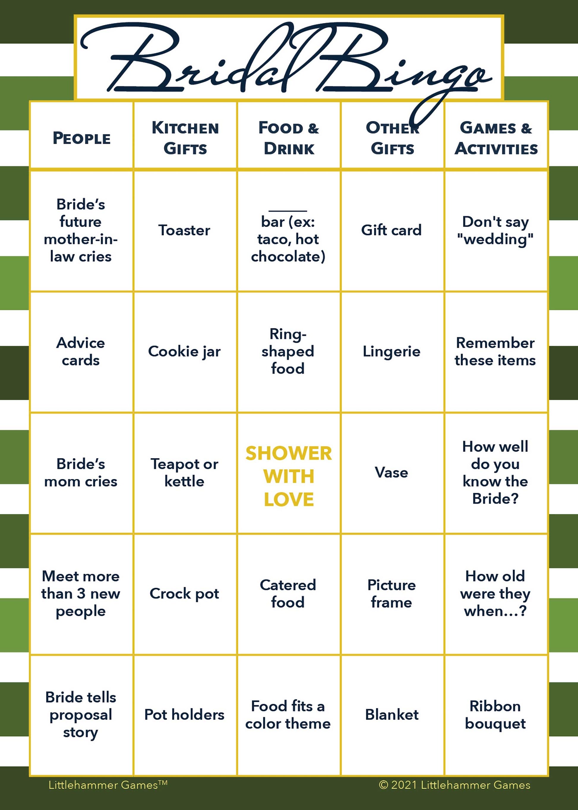 Bridal Bingo game card with a green-striped background