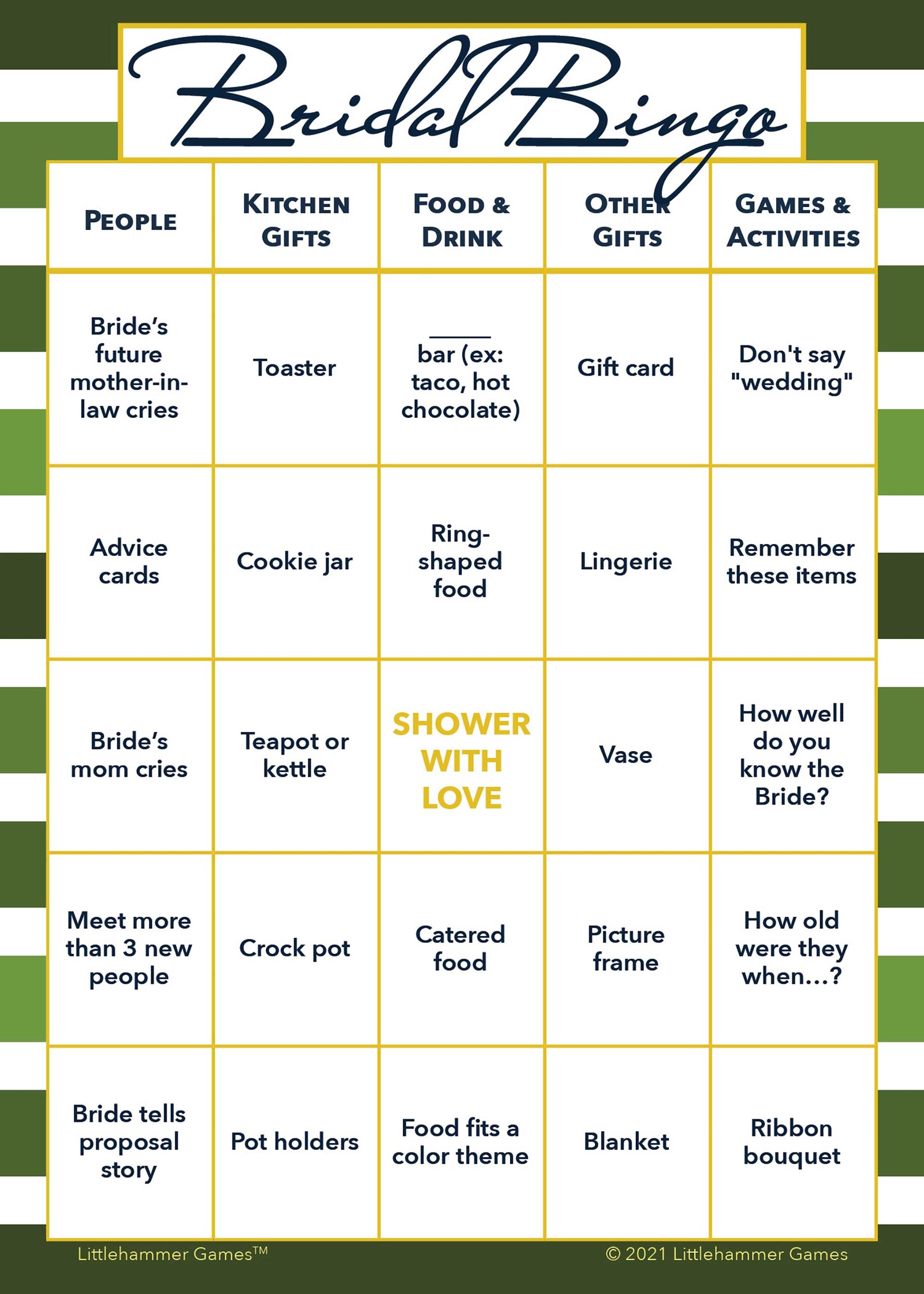 Bridal Bingo - Green Striped Printable Game Cards – Littlehammer Games for Free Printable Bridal Bingo Template