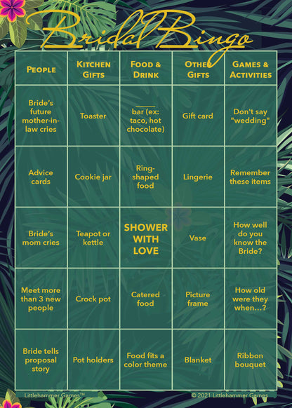 Bridal Bingo game card with a tropical background