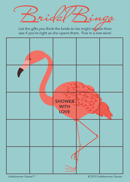 Flamingo-themed Bridal Gift Bingo game card