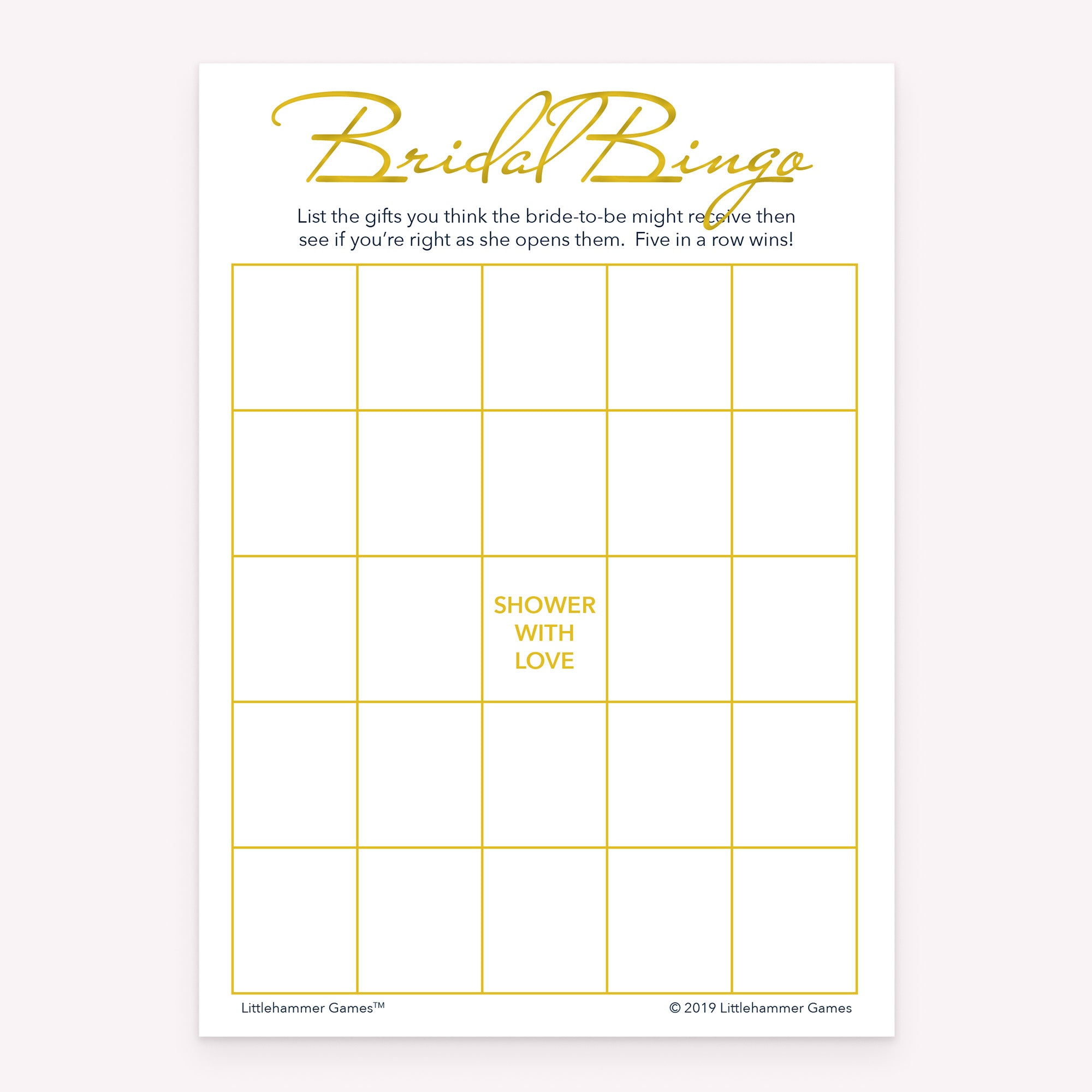 Gold and white printable bridal shower game card for Bridal Gift Bingo