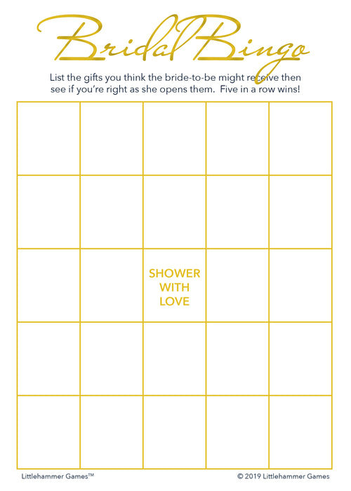Gold and white Bridal Gift Bingo game card