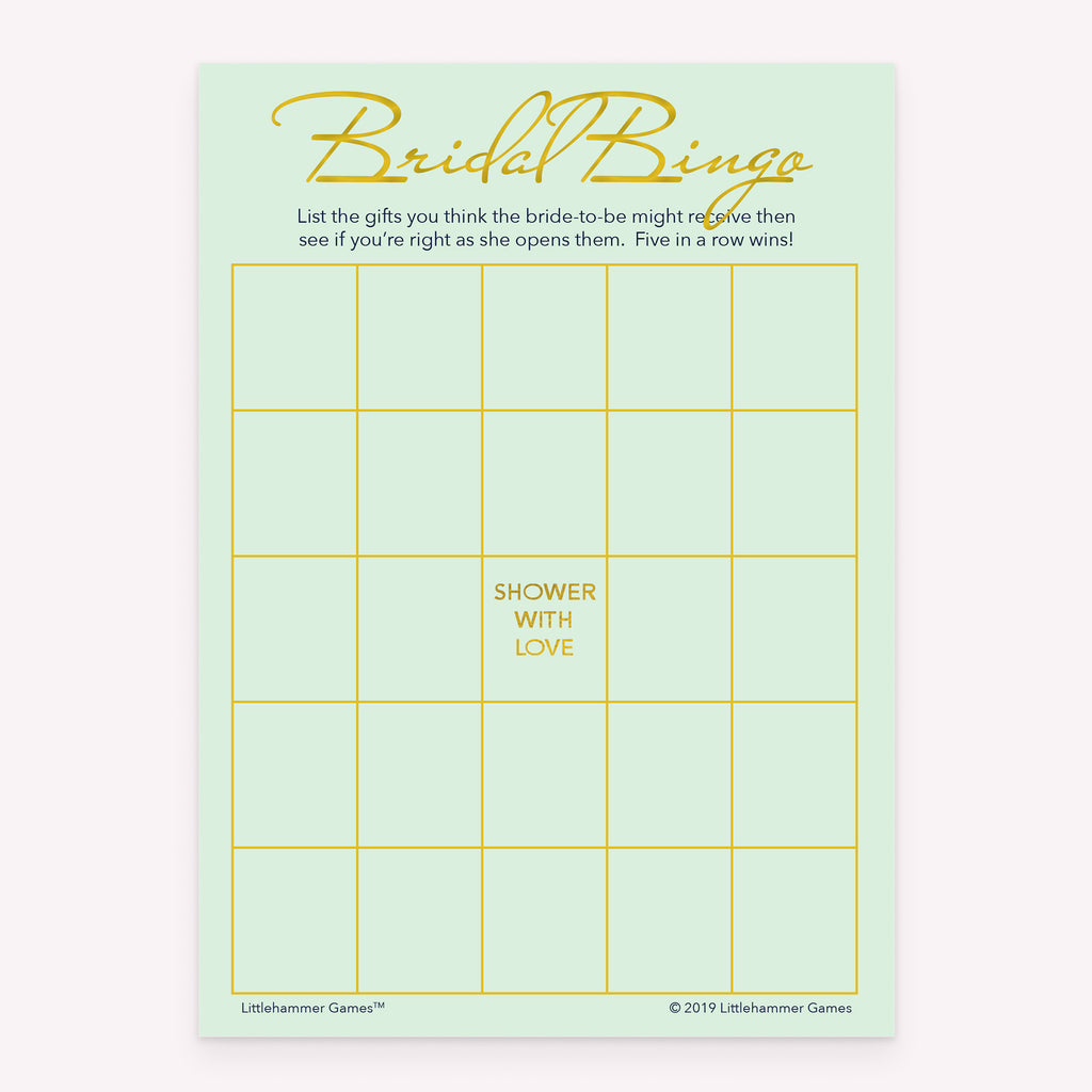 Mint and gold Bridal Gift Bingo game card