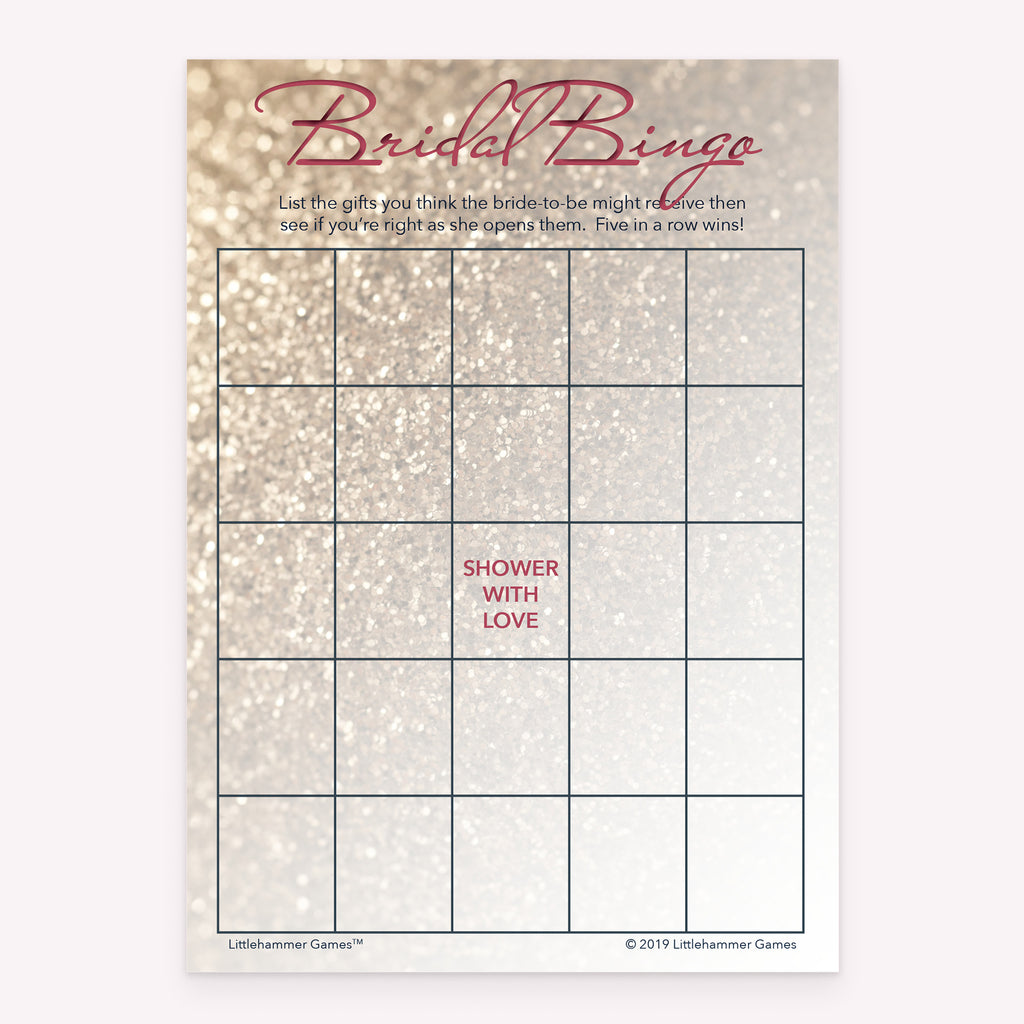 Glittery rose gold Bridal Gift Bingo game card