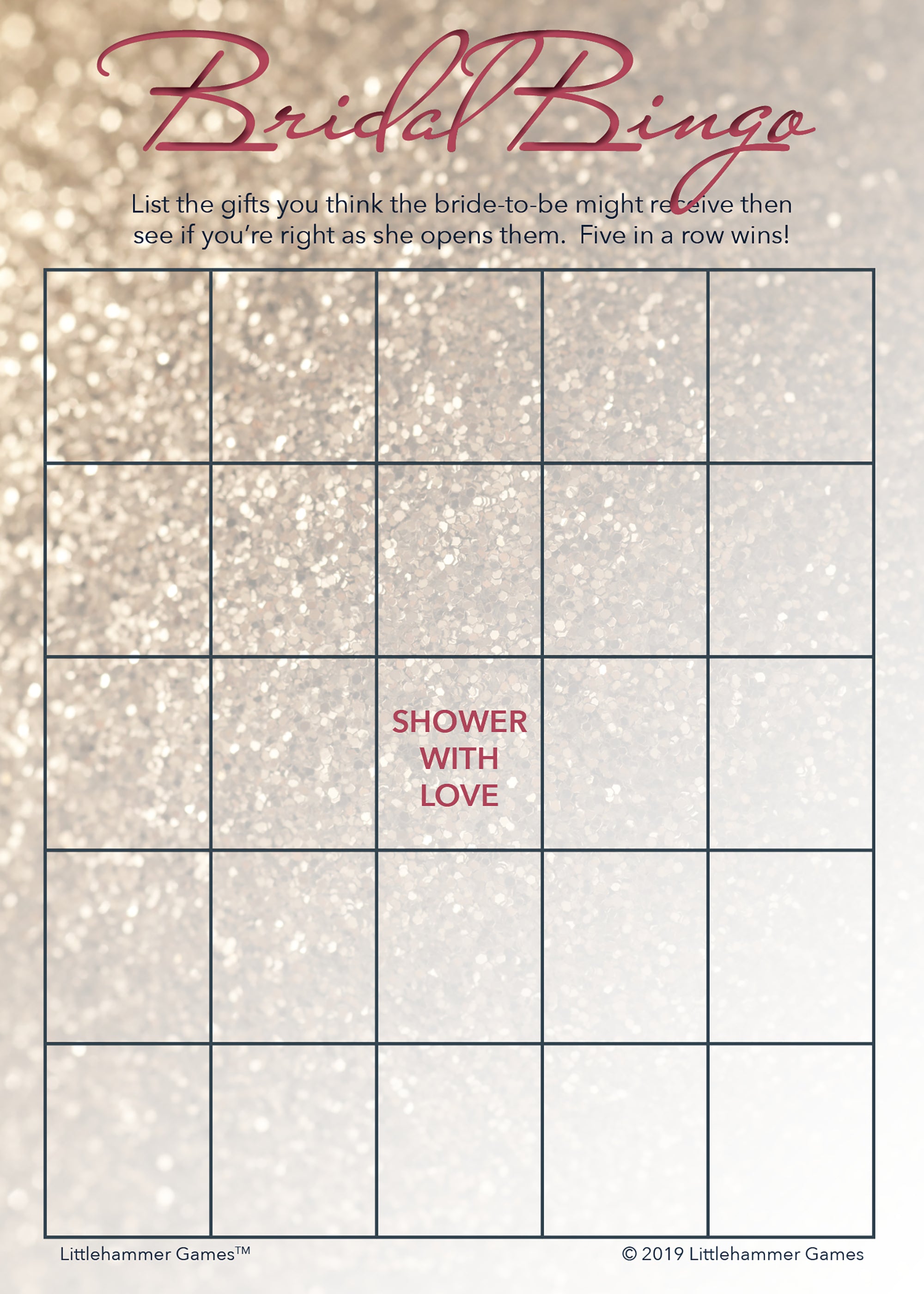 Glittery rose gold Bridal Gift Bingo game card