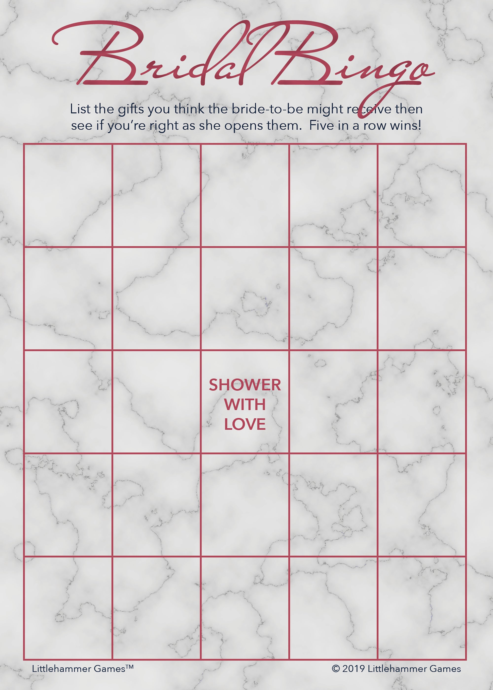 Rose gold and marble Bridal Gift Bingo game card