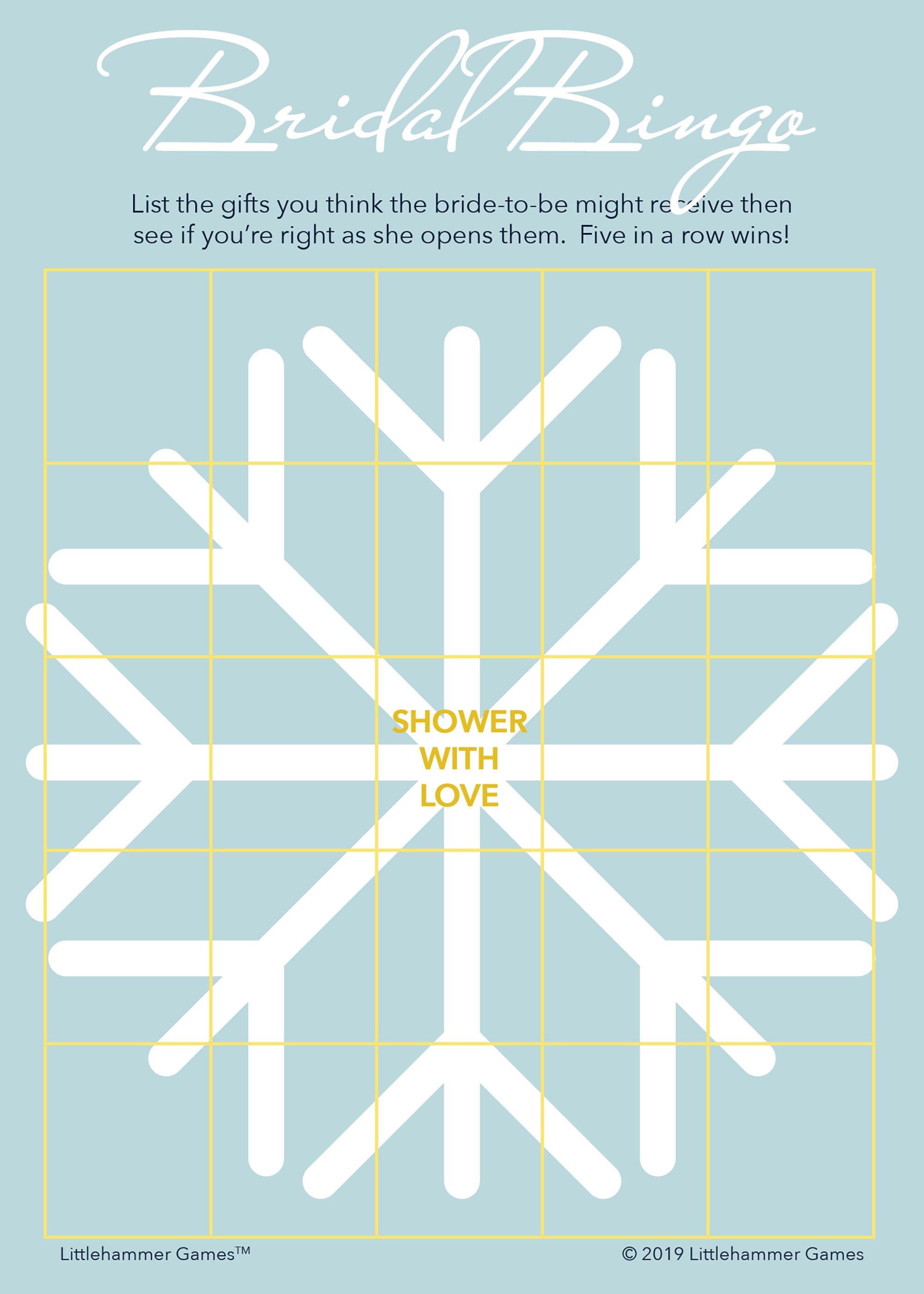 Snowflake-themed Bridal Gift Bingo game card