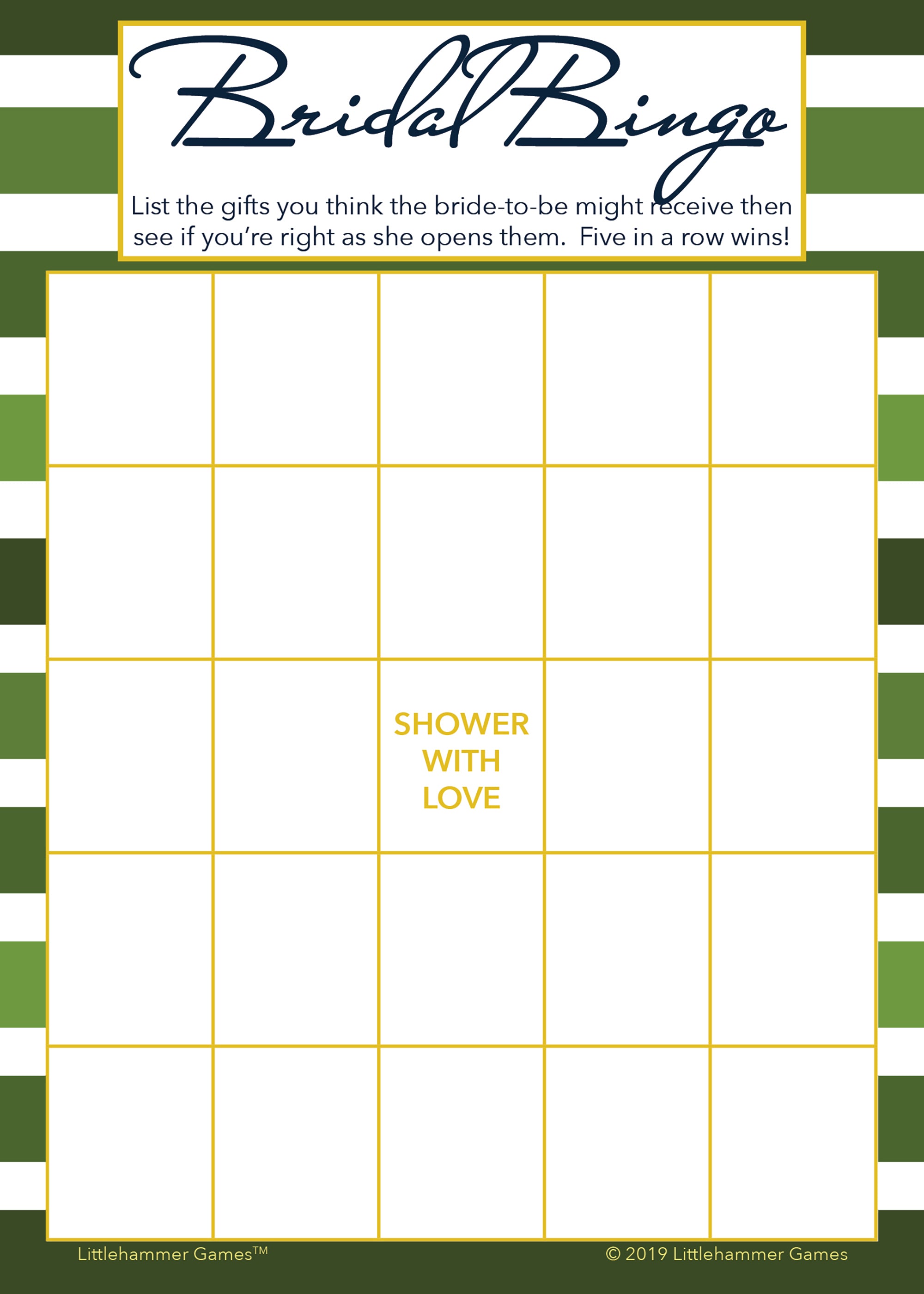 Green-striped Bridal Gift Bingo game card