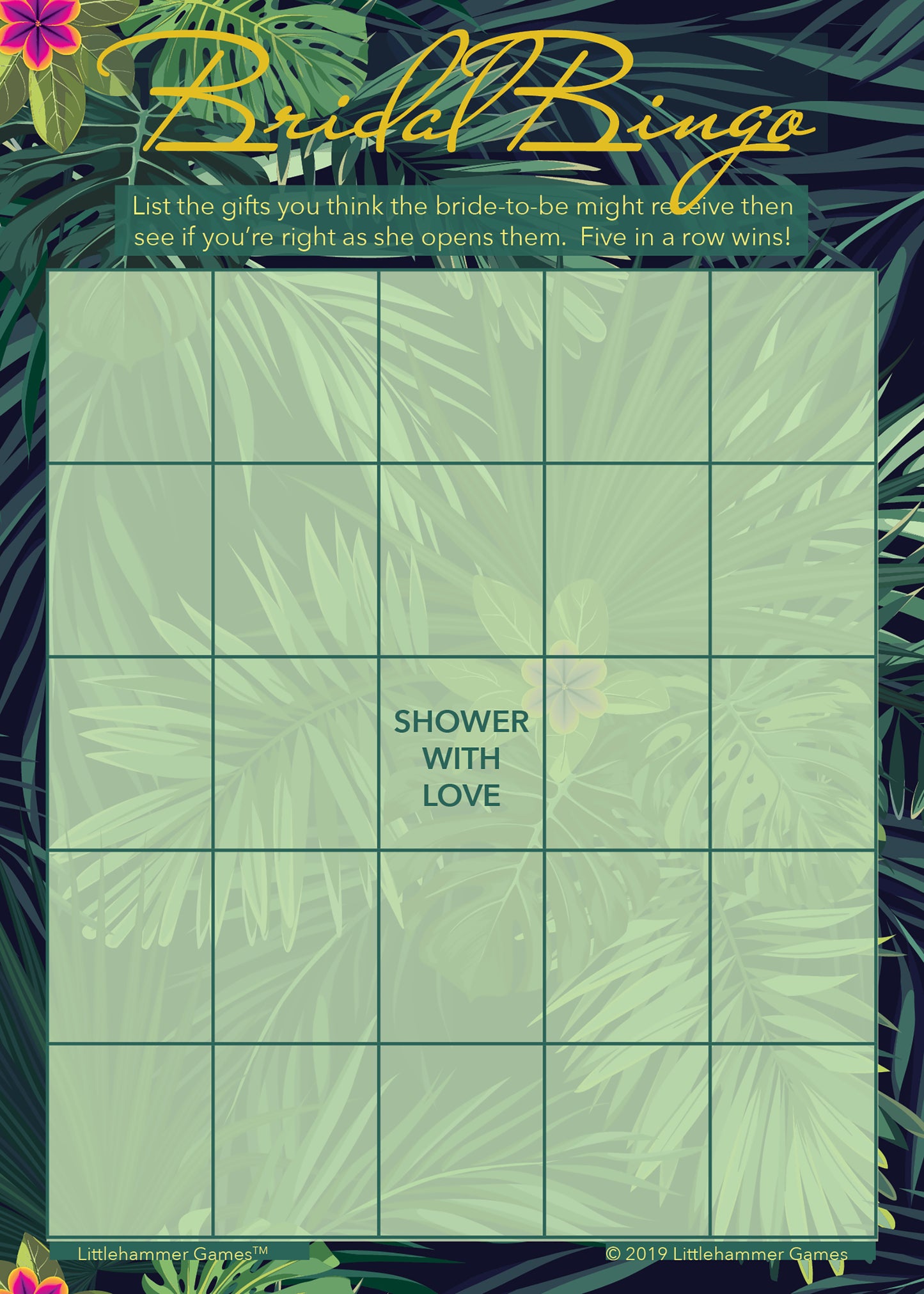 Tropical-themed Bridal Gift Bingo game card