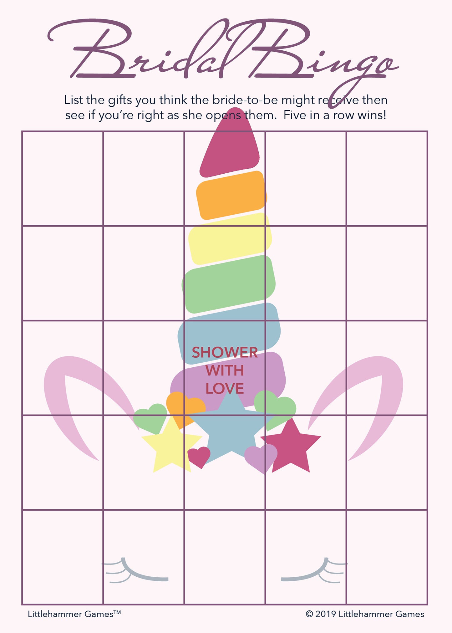 Unicorn-themed Bridal Gift Bingo game card