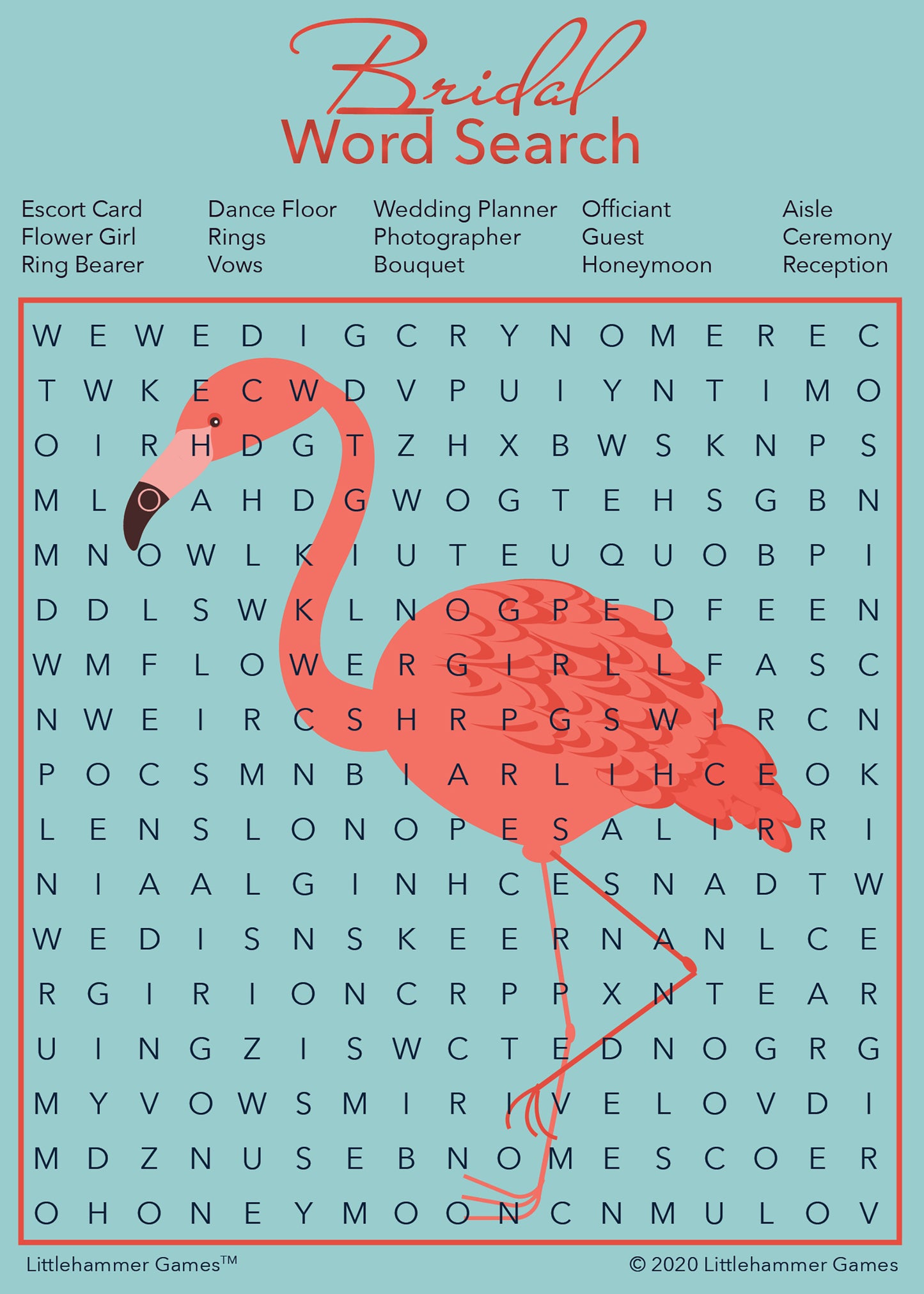 Bridal Word Search game card with a flamingo background
