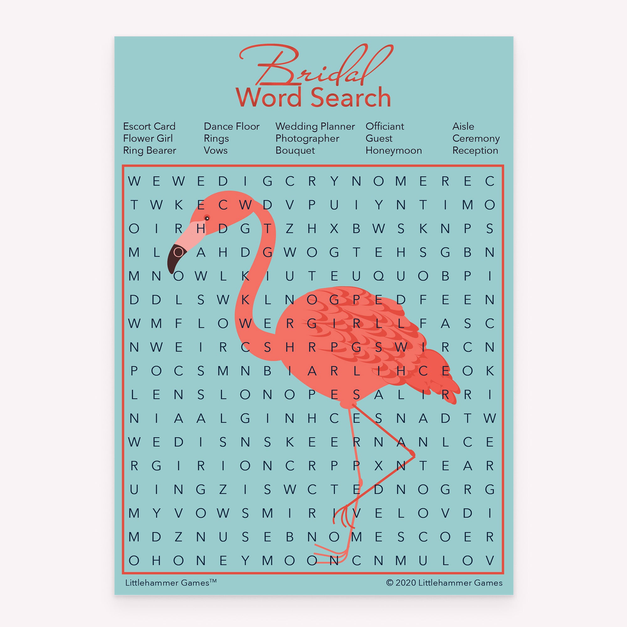 Bridal Word Search game card with a flamingo background