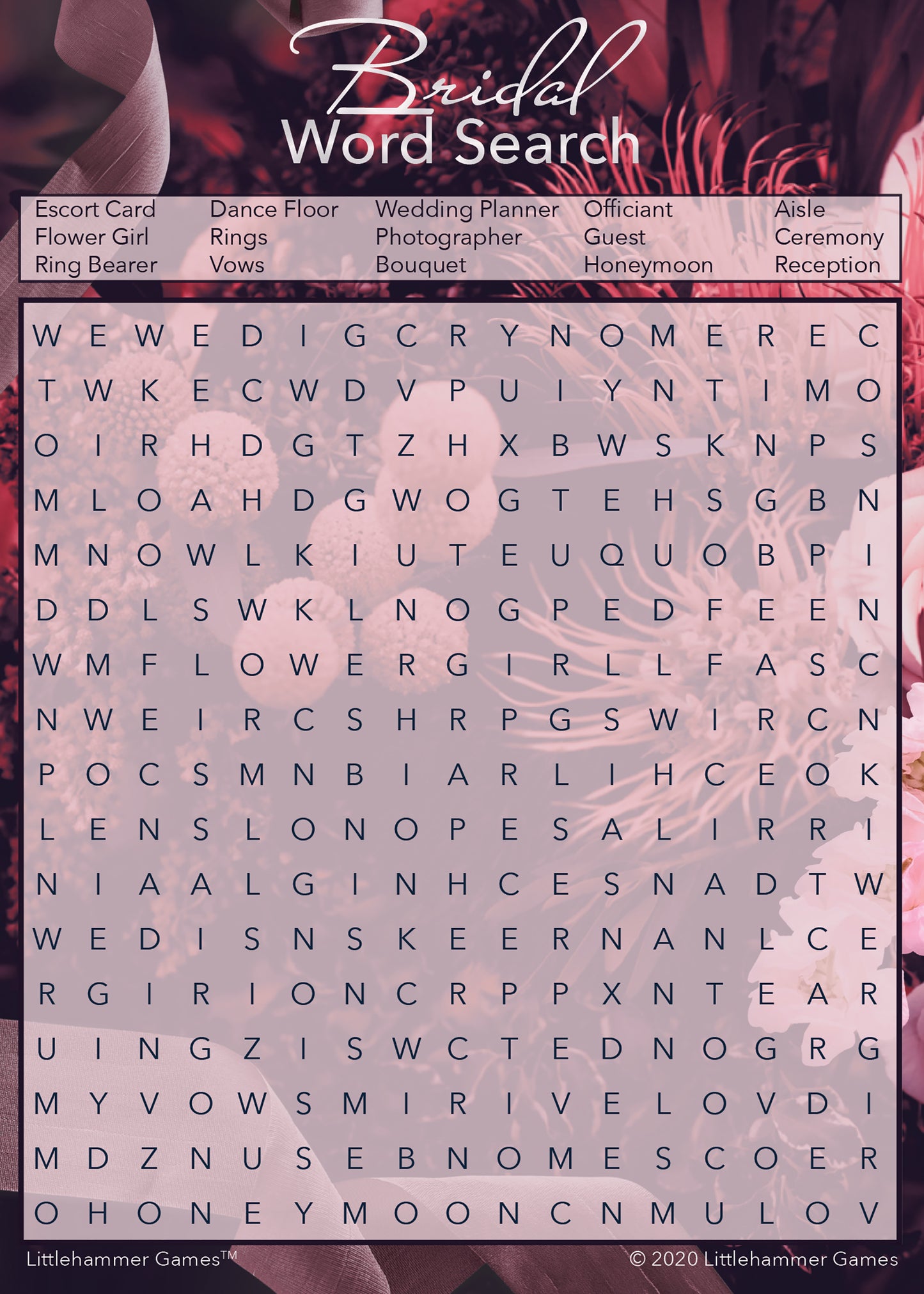 Bridal Word Search game card with a dark floral background