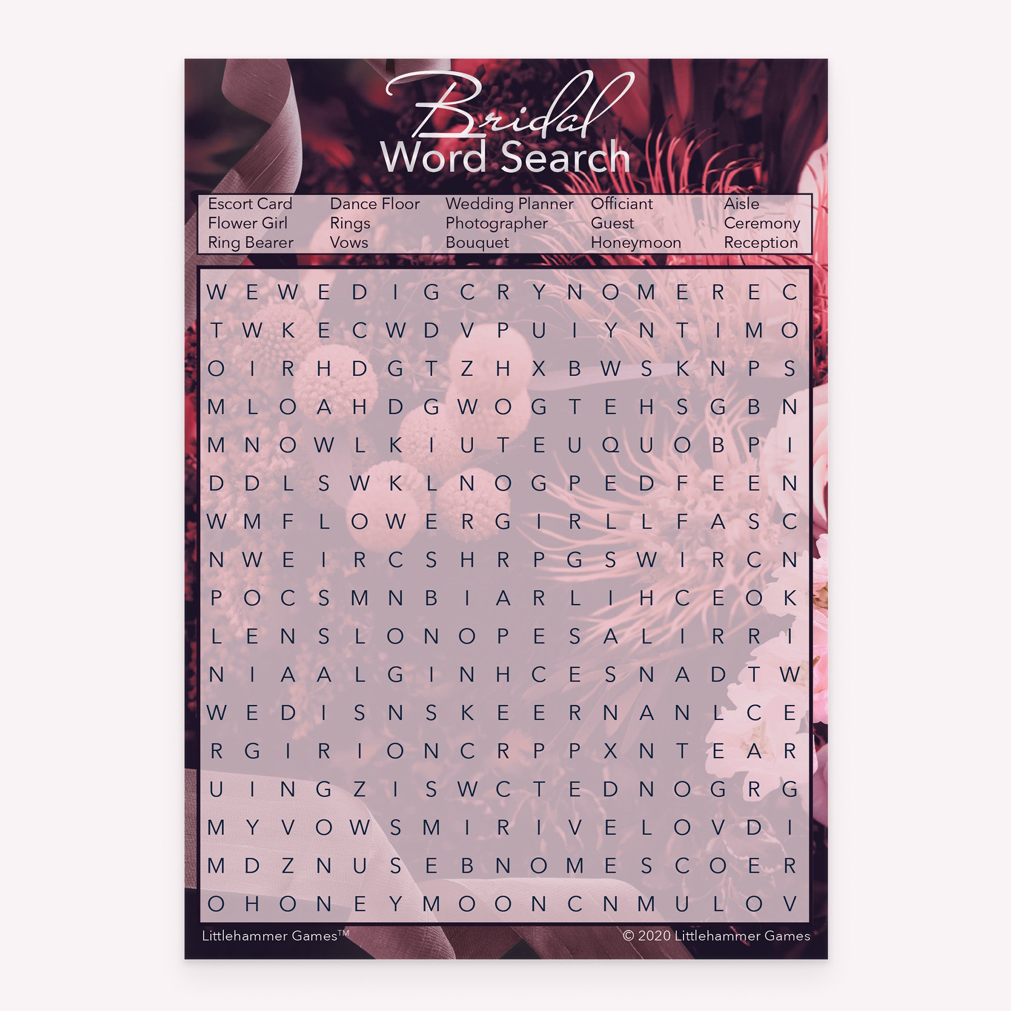 Bridal Word Search game card with a dark floral background