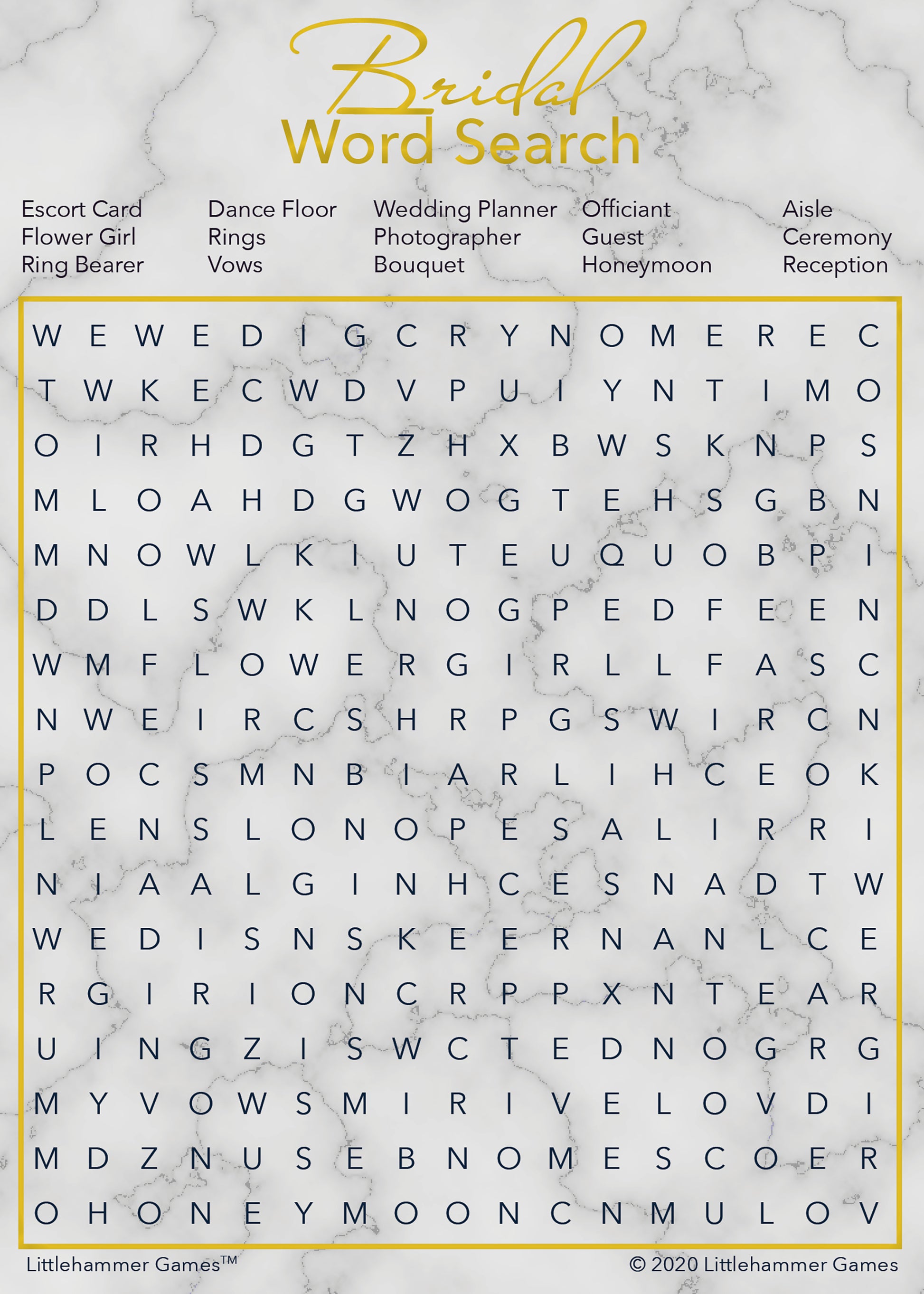 Bridal Word Search game card with a gold and marble background