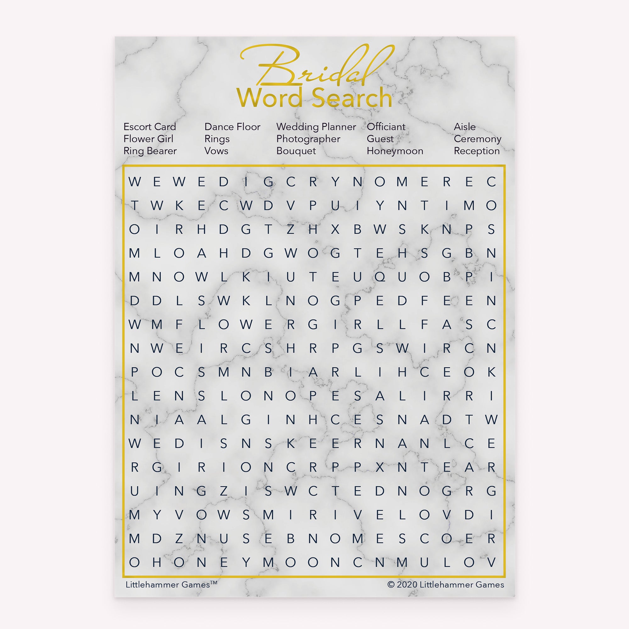 Bridal Word Search game card with a gold and marble background