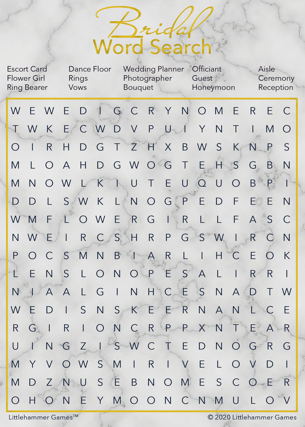 Bridal Word Search - Gold Marble Printable Game Cards – Littlehammer Games