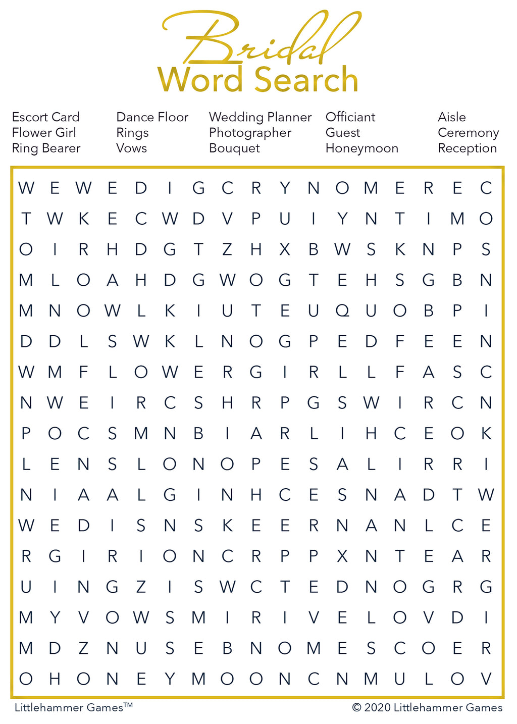 Bridal Word Search game card with a gold and white background