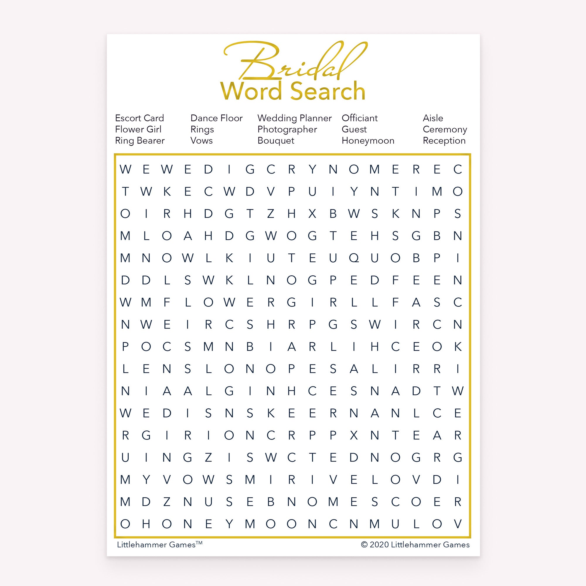 Bridal Word Search game card with a gold and white background