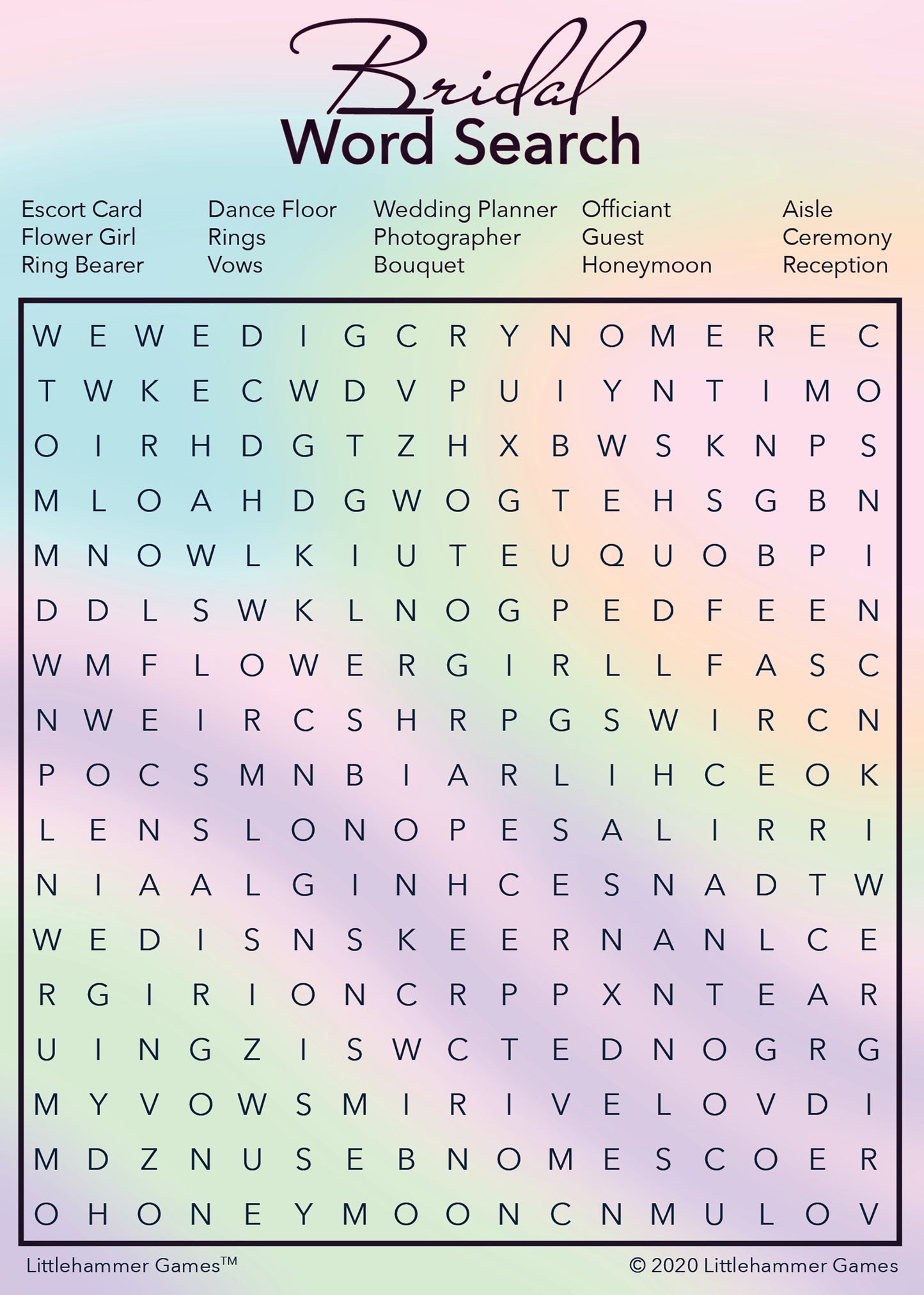 Bridal Word Search game card with a hologram-themed background