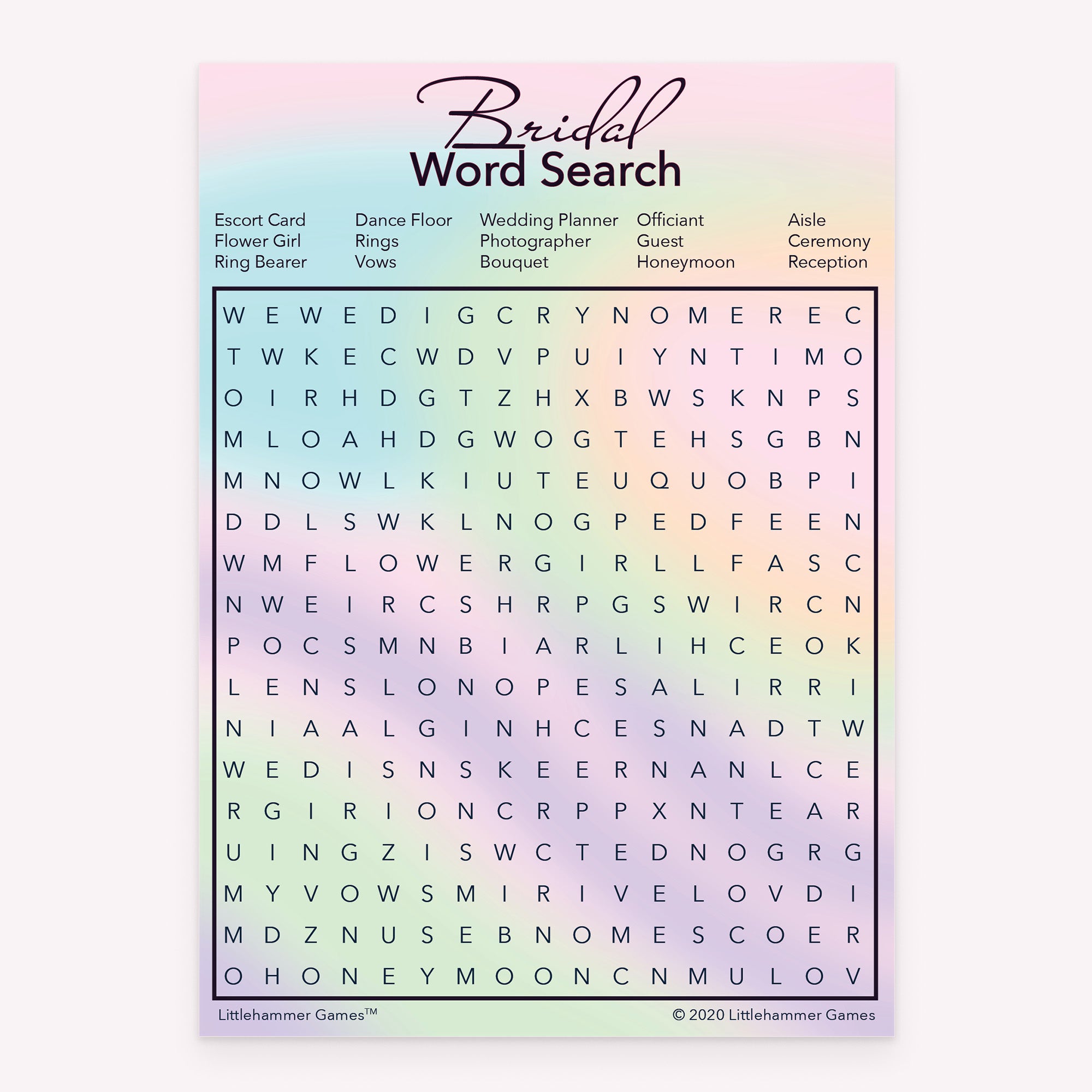 Bridal Word Search game card with a hologram-themed background
