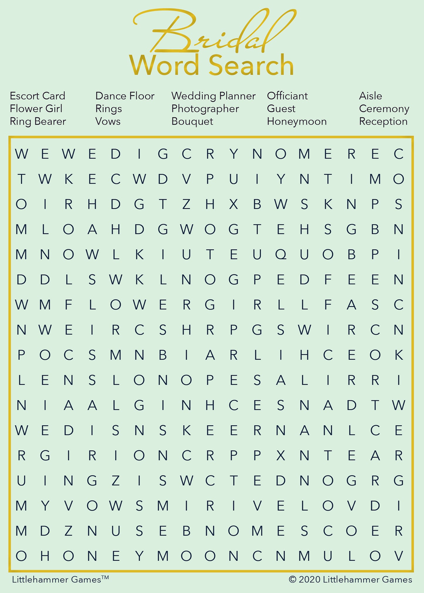Bridal Word Search game card with a mint and gold background