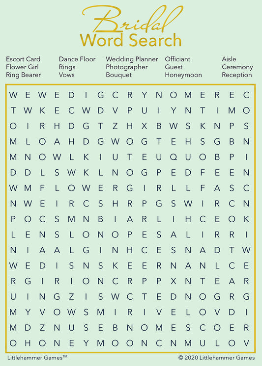 Bridal Word Search game card with a mint and gold background