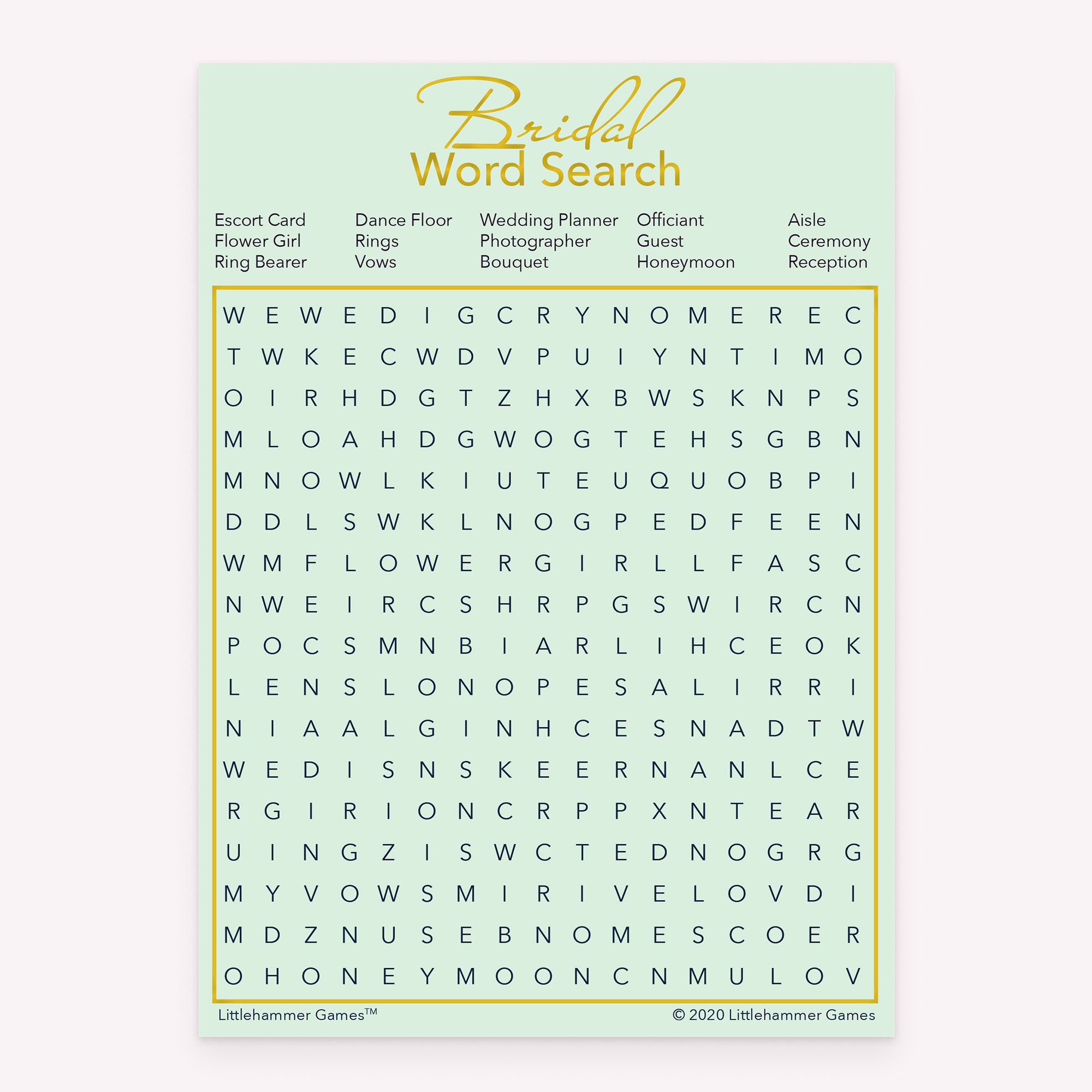Bridal Word Search game card with a mint and gold background