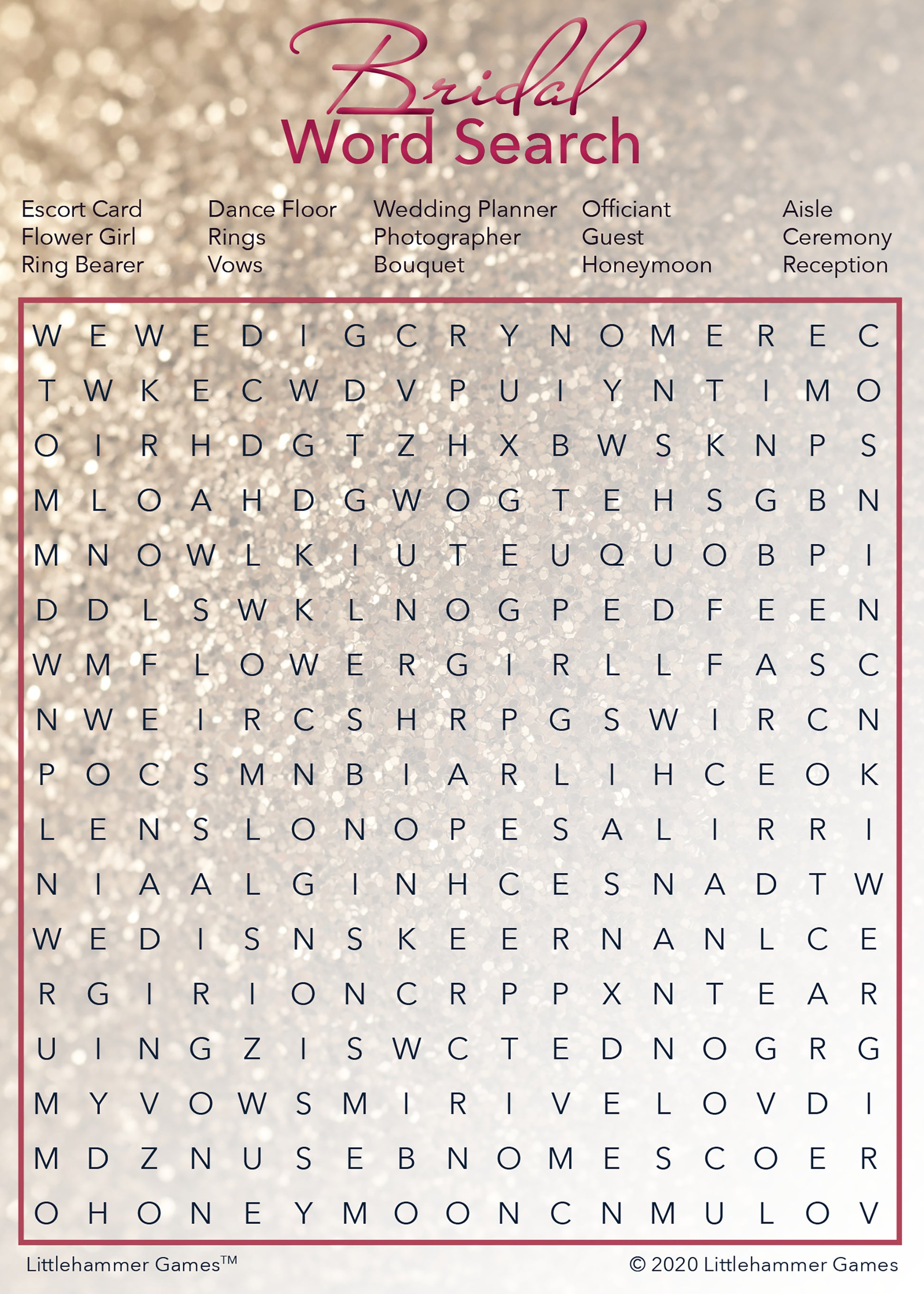 Bridal Word Search game card with a glittery rose gold background