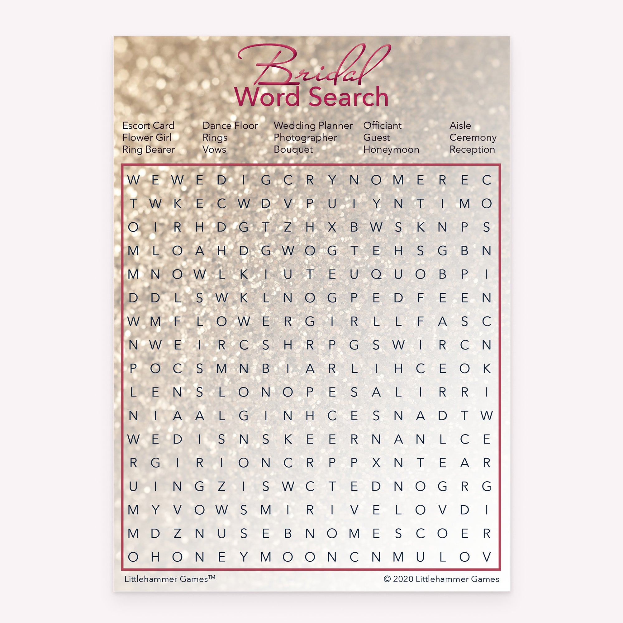Bridal Word Search game card with a glittery rose gold background