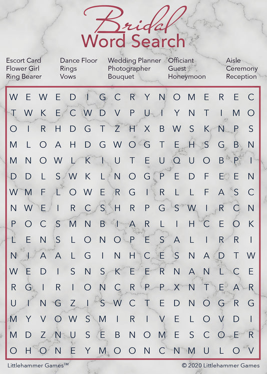 Bridal Word Search game card with a rose gold and marble background