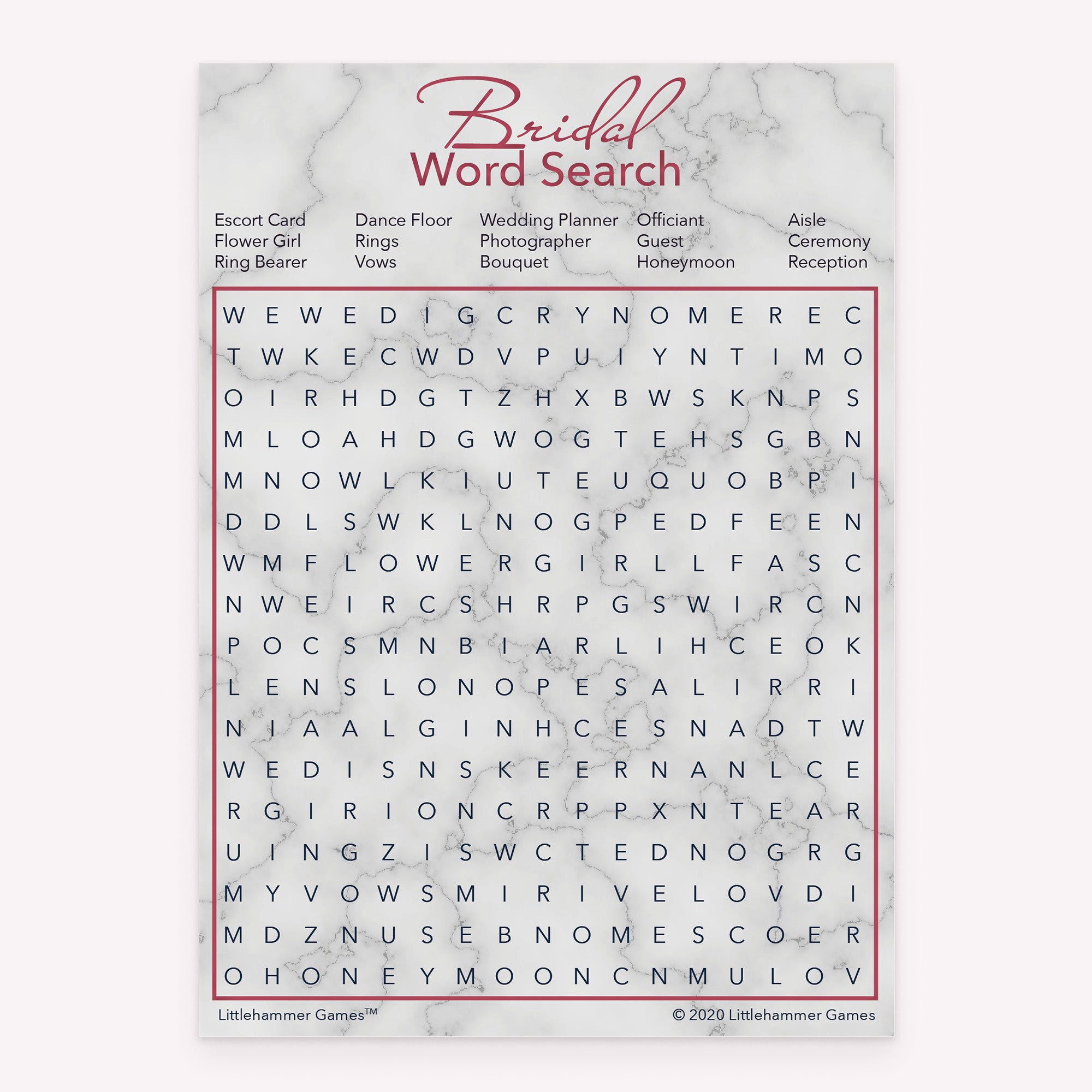 Bridal Word Search game card with a rose gold and marble background