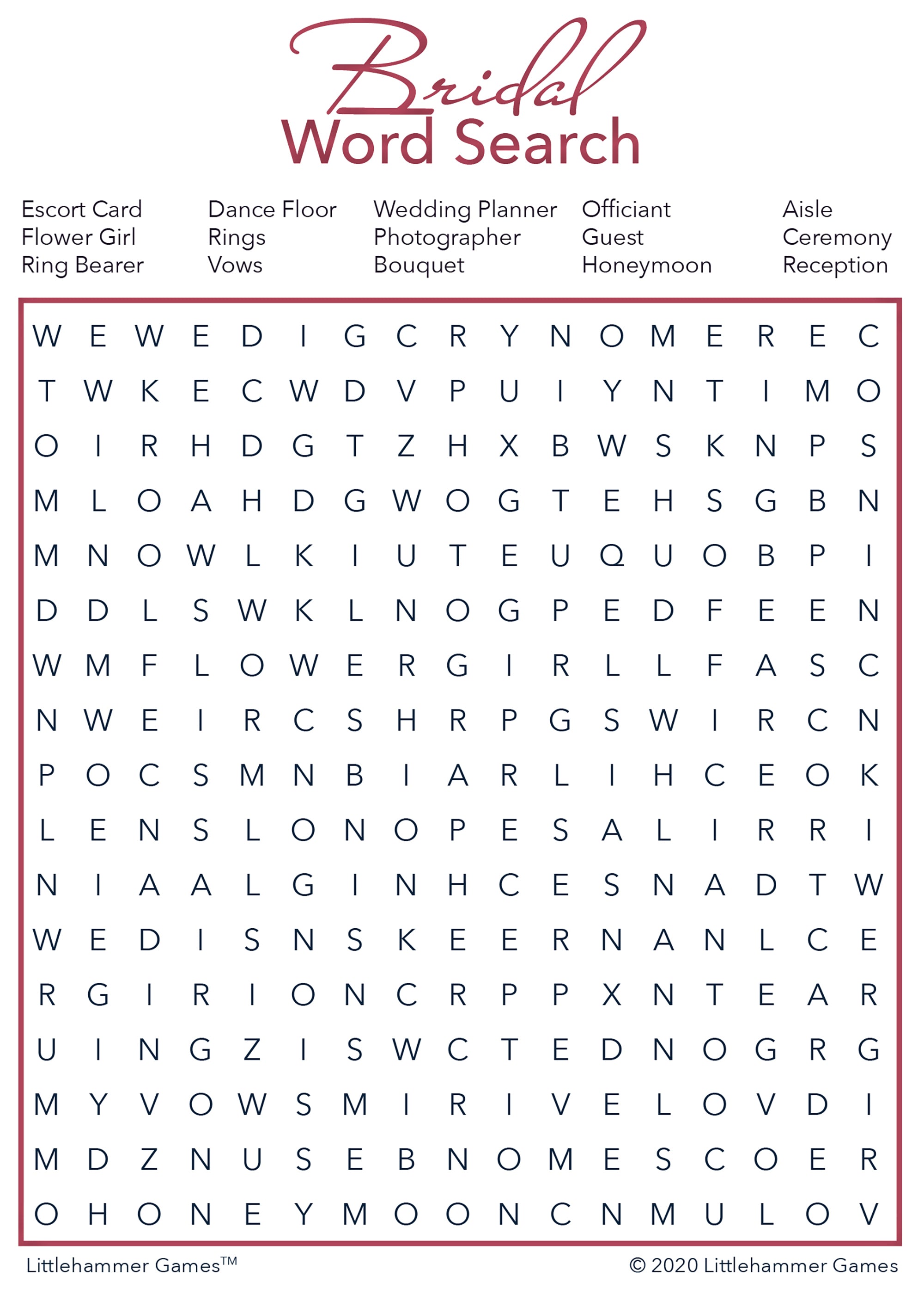 Bridal Word Search - Rose Gold Printable Game Cards – Littlehammer Games