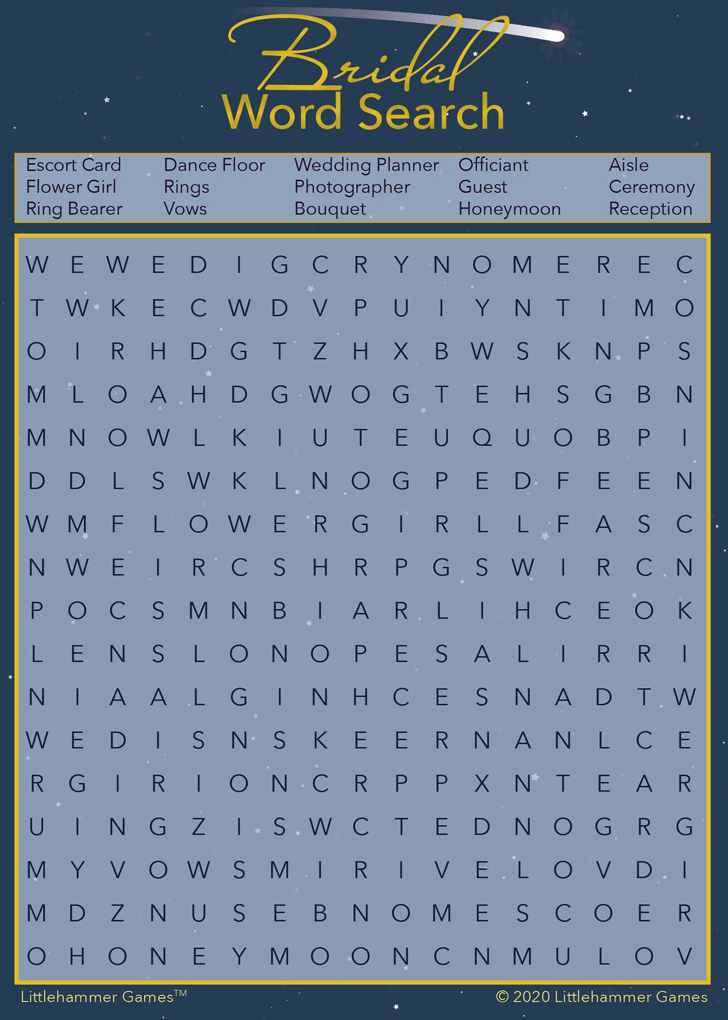 Bridal Word Search game card with a shooting star background