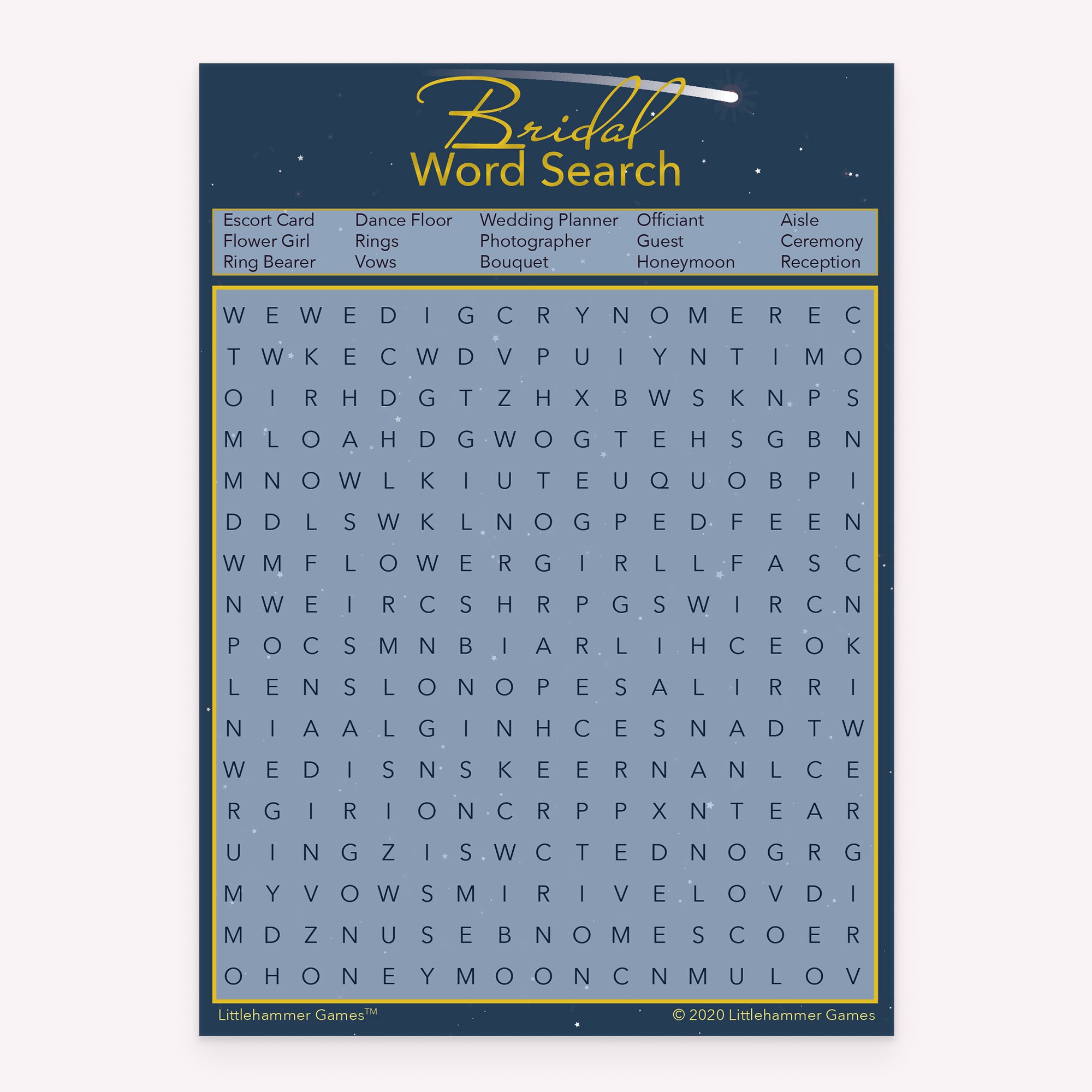 Bridal Word Search game card with a shooting star background