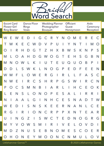Bridal Word Search game card with a green-striped background