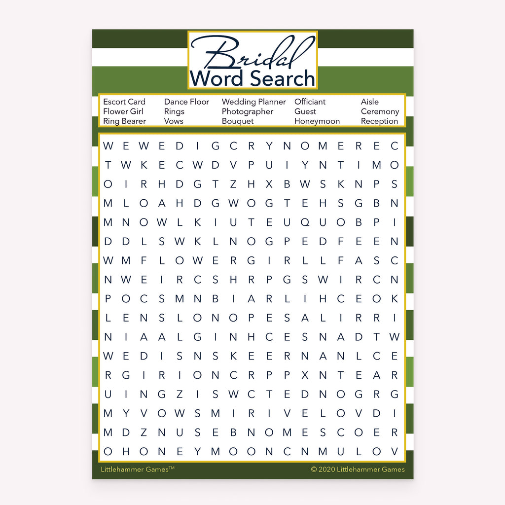 Bridal Word Search game card with a green-striped background