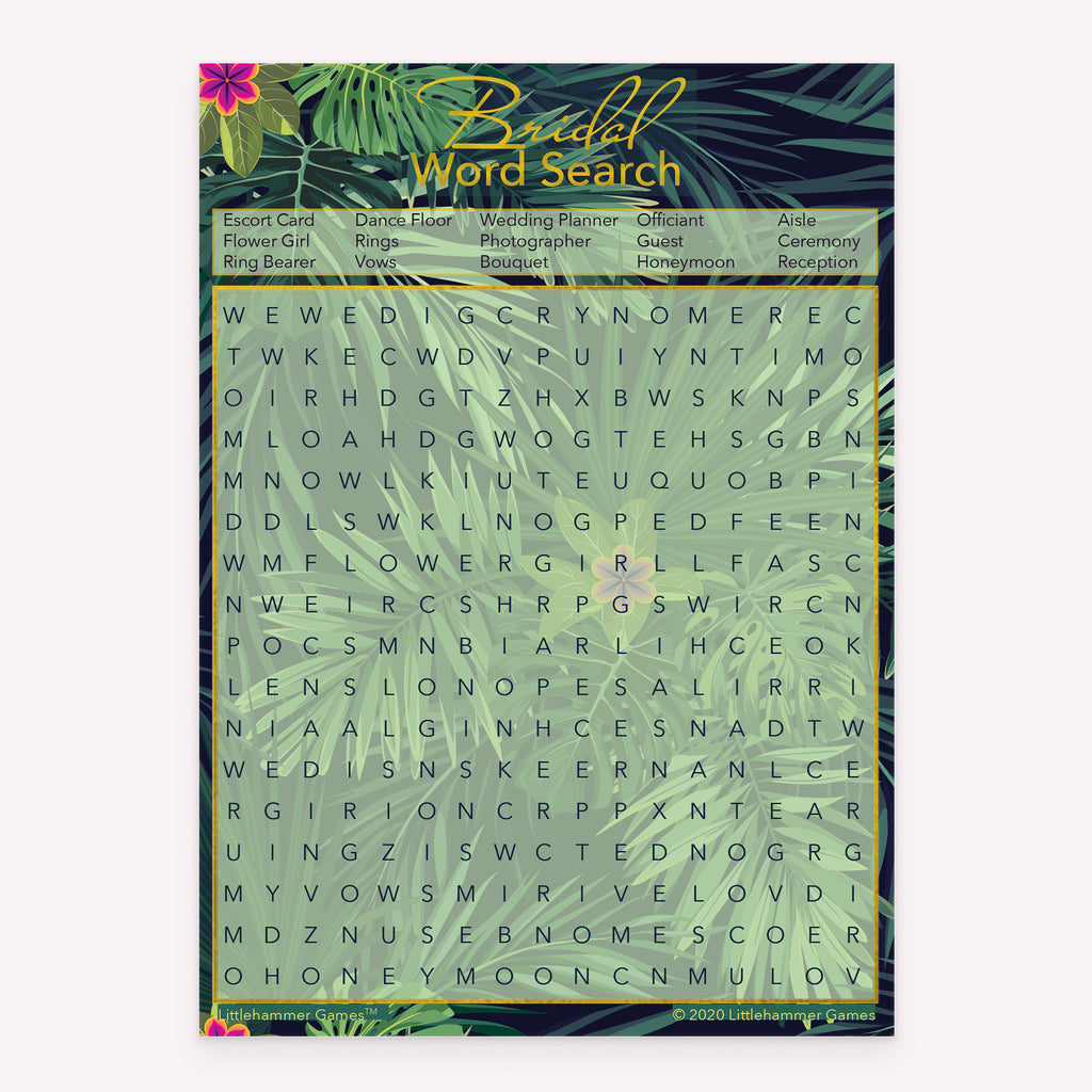 Bridal Word Search game card with a tropical leaves background