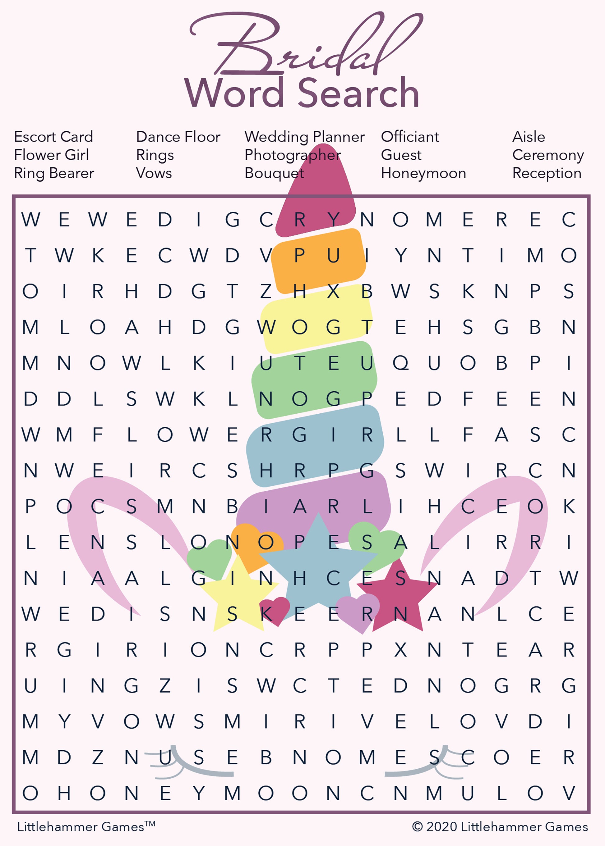 Bridal Word Search game card with a unicorn background