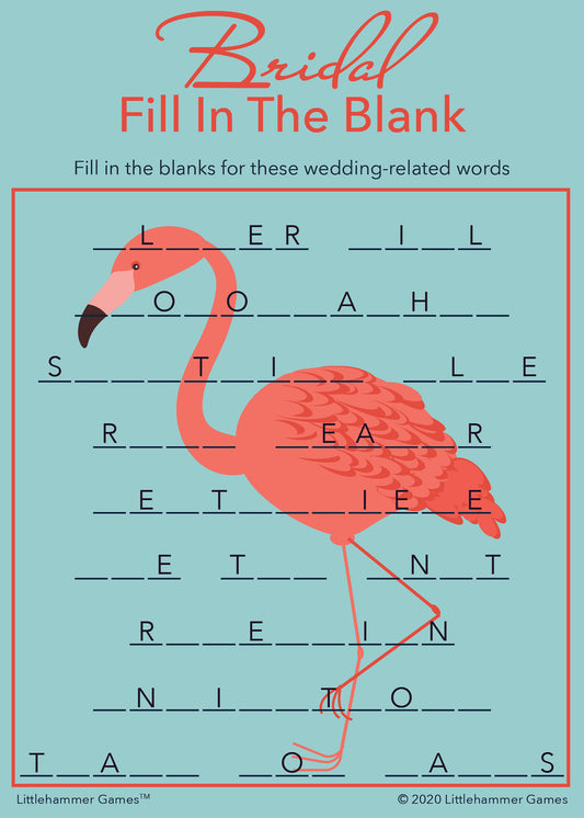 Bridal Fill in the Blank game card with a flamingo background
