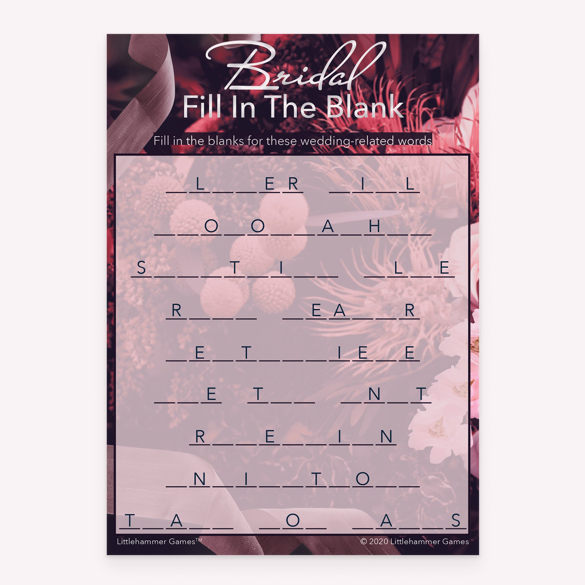 Bridal Fill in the Blank game card with a dark floral background