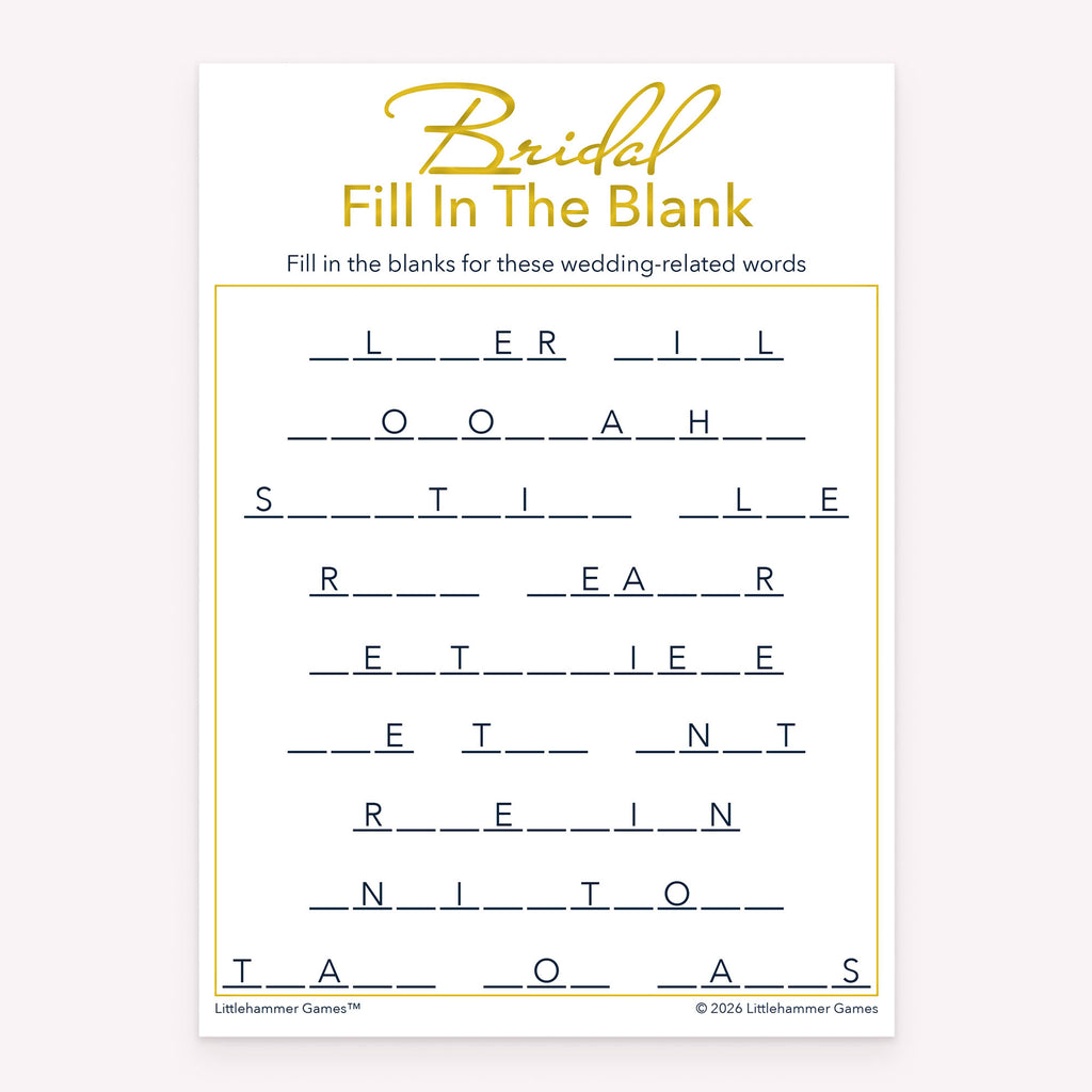Bridal Fill in the Blank bridal shower printable activity card in gold and white