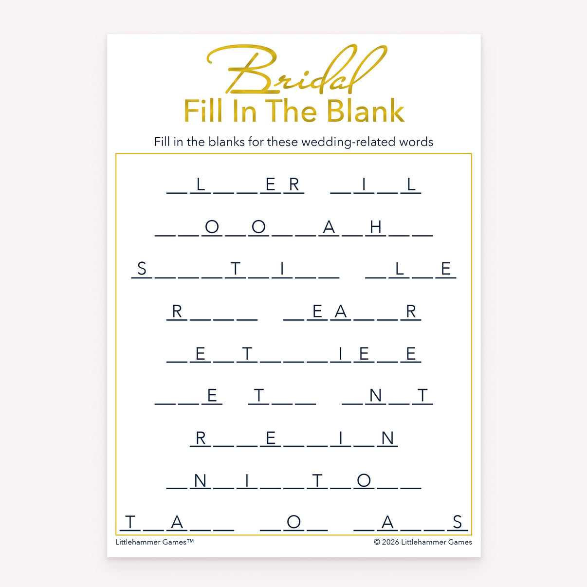 Bridal Fill in the Blank - Gold Printable Game Cards – Littlehammer Games