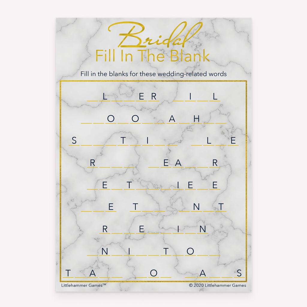 Gold and marble printable bridal shower game card for Bridal Fill in the Blank