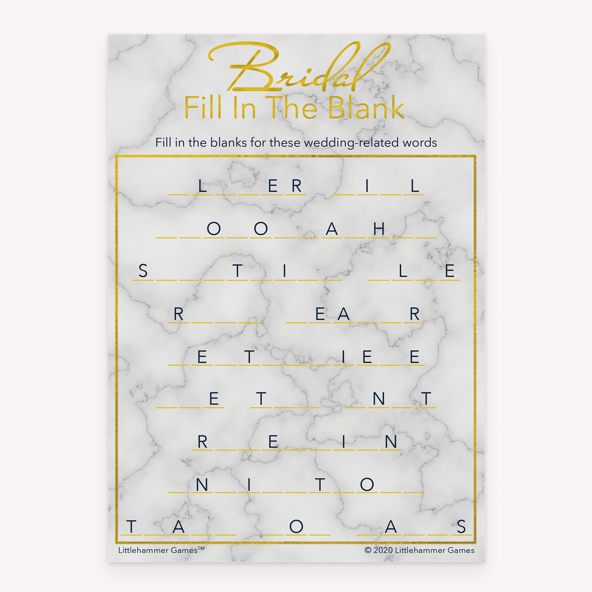 Bridal Fill in the Blank game card with a gold and marble background