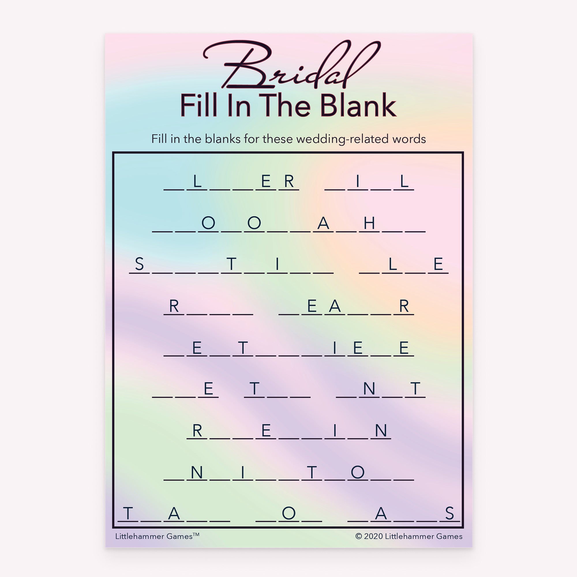 Bridal Fill in the Blank game card with a hologram-themed background